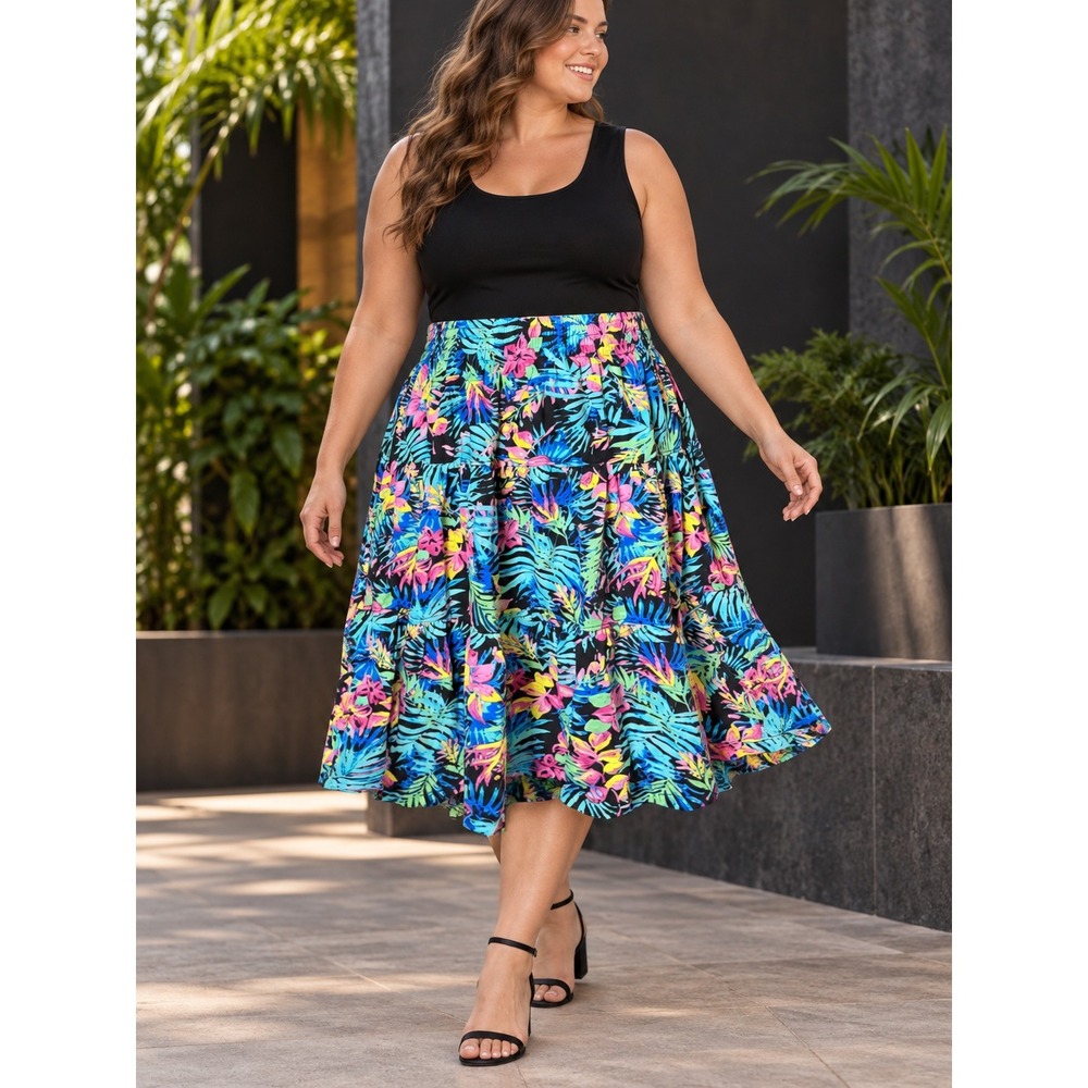 K299. Woman Within Neon Tropical Floral Tiered Midi Skirt Size 18/20 NWT